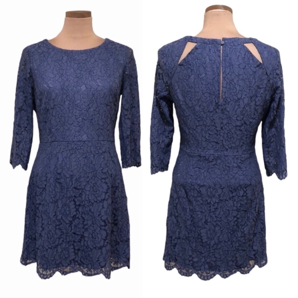 Oliver Bonas Dress Size UK 12 US 8 Blue Floral Lace Cutout Back Sheath